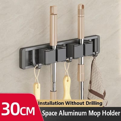 Dweil- en Bezemhouder Rek Dweilhouder Muurbevestiging Sterke Bezem Dweilhouder Zelf met 3 Haken Organizers Hang Bezem Gun-gray gray