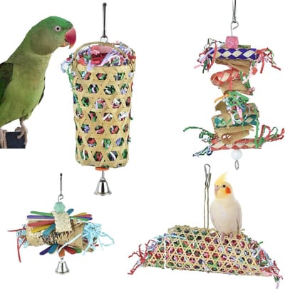 Vogelspeelgoed Pakket - Kauw en Foerageer - Vogel Verrijking - Veilige Natuurlijke Materialen - 4 Stuks - Multicolor