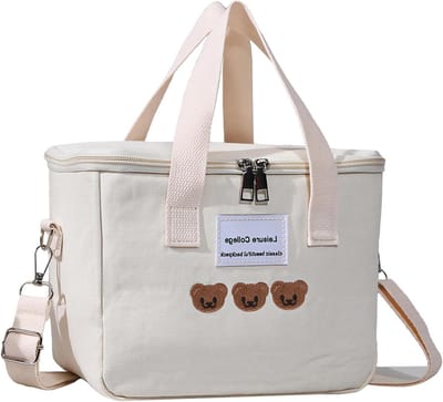 Geborduurde thermotas met cartoonbeer, waterdicht en verstelbaar, ideaal voor dames, perfect voor school en picknick, wit, kawaii-isolatietas, trendy en functioneel