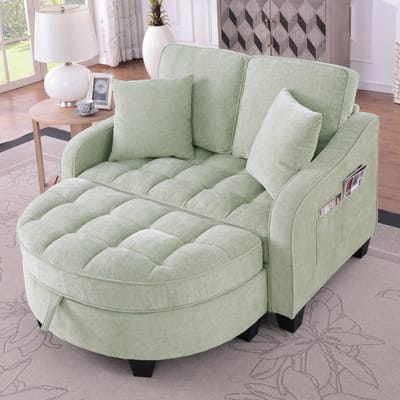 2-in-1 slaapsofa met opberghocker - compact voor kleine ruimtes - 1-2 personen - cyaan - ademende stof en eucalyptushouten frame - flexibele ombouw tot chaise longue of bed