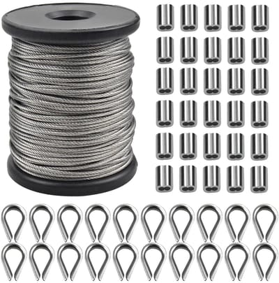 Dailygoods- Stalen Kabel 50 m - Roestvrij Staal - 1,5 mm Diameter - 30 Stuks Aluminium Spannhulzen - 20 Stuks Stalen Kabeloplossingen - Corrosiebestendig - Staalkabel