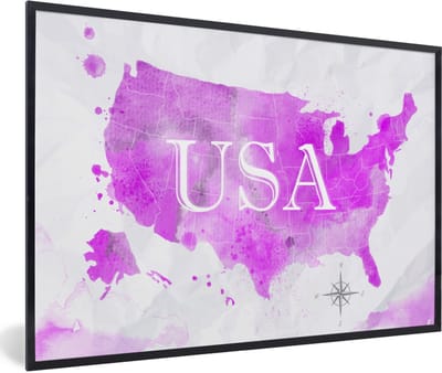 Poster in lijst - Fotolijst 90x60 cm - Posters - Wereldkaart - Roze - Verenigde Staten - Posterlijst zwart - Decoratie - Wanddecoratie woonkamer - Muurdecoratie slaapkamer