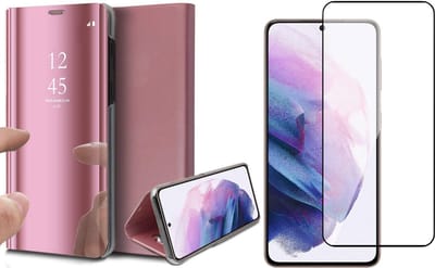Hoesje geschikt voor Samsung Galaxy S21 - Screen Protector FullGuard - Book Case Spiegel Roségoud & Screenprotector