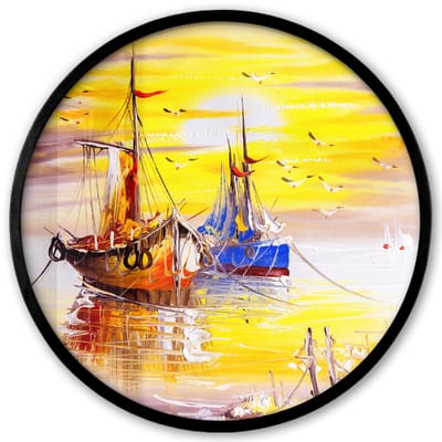 Poster in lijst Rond - Fotolijst 40x40 cm - Posters - Schilderij - Boot - Water - Olieverf - Ronde posterlijst zwart - Decoratie - Wanddecoratie woonkamer - Muurdecoratie slaapkamer