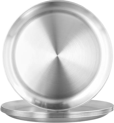 Set van 6 Ronde Roestvrijstalen Borden van 30cm voor Diner, Camping en Barbecue - Perfect voor Steak, Salades en Pizza
