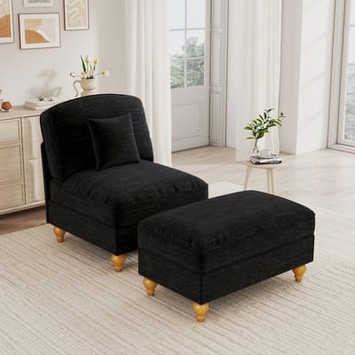 KOMHTOM Loungestoel - Chenille - Comfortabele Fauteuil met Voetenbank - Woonkamer Stoel met Houten Poten - Zwart