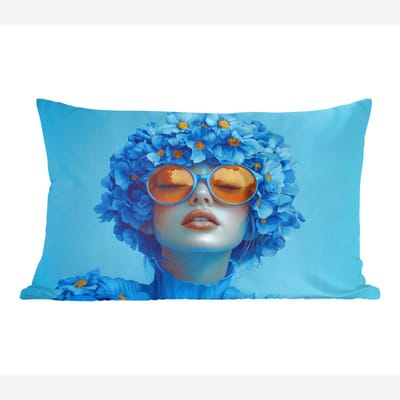 Sierkussens - Kussentjes Woonkamer - 60x40 cm - Vrouw - Bloem - Blauw - Modern - Bril - Portret