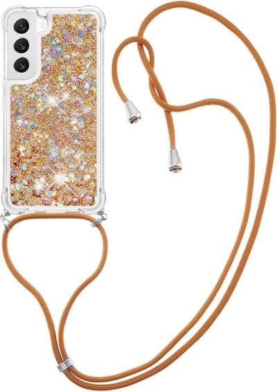 Coverup Hoesje - Geschikt voor Samsung Galaxy S23 Hoesje - Coverup Liquid Glitter Back Cover met Koord - Goud