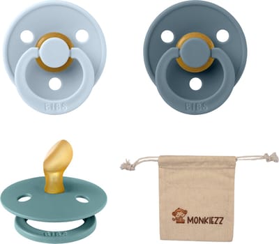 Bibs Dental fopspenen Anatomical 0-6 maanden- Set 3 stuks- Baby Blue, Petrol, Island Sea + Monkiezz speenzakje - orthodontisch- Anatomisch- Maat 1