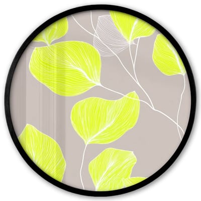 Poster in lijst Rond - Fotolijst 40x40 cm - Posters - Bladeren - Neon - Geel - Lijnen - Ronde posterlijst zwart - Decoratie - Wanddecoratie woonkamer - Muurdecoratie slaapkamer