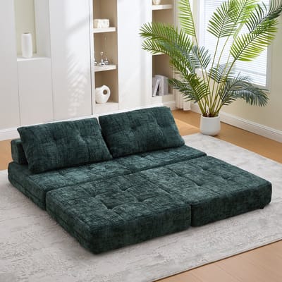 MODFU Opvouwbare Slaapbank - Met Rugleuning En Kussens - Voor Woonkamer En Slaapkamer - Chenille - Smaragdgroen - 79 x 79 x 57 cm