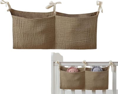 Nachtkast Opbergtas - Bedtas Baby - Babykamer Organiseren - Puur Katoen Gaas - 38 x 18 cm - Kaki