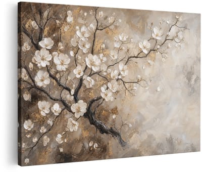 Artaza Canvas Schilderij Bloemen - Abstract Beige En Goud - 30x20 cm - Klein - Wanddecoratie Woonkamer - Schilderijen - Muurdecoratie