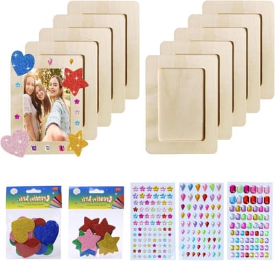SnelShoppen - Pack van 10 Houten Fotolijsten voor Knutselen met Zilversteentjes + Ster Sticker + Liefde Sticker voor Kinderen, DIY Houten Fotolijsten,
