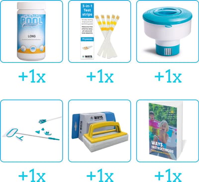 Zwembad Onderhoudspakket - Onderhoud Zwembad - bevat Chloor - Testrips - Chloordrijver - Schoonmaakset - Scrubborstel en Zwembadgids (6-delig)