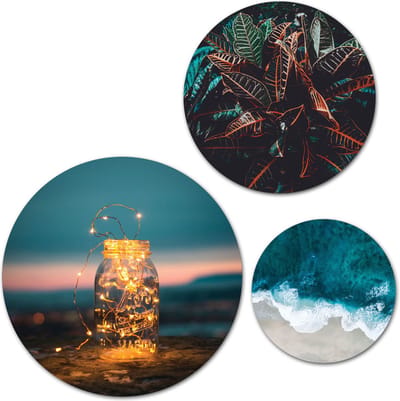 Forex Muurcirkel Set -  Set Lichtjes bij de Zee - Set van 3 Wandcirkels met Ophangsystemen - 30x40x50