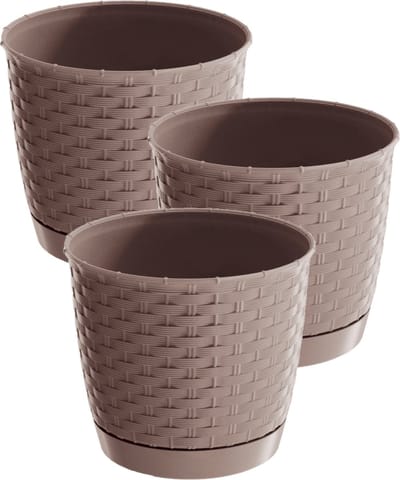 3x stuks ronde gevlochten plantenpotten/bloempotten kunststof dia 14.5 cm en hoogte 12.5 cm in het taupe