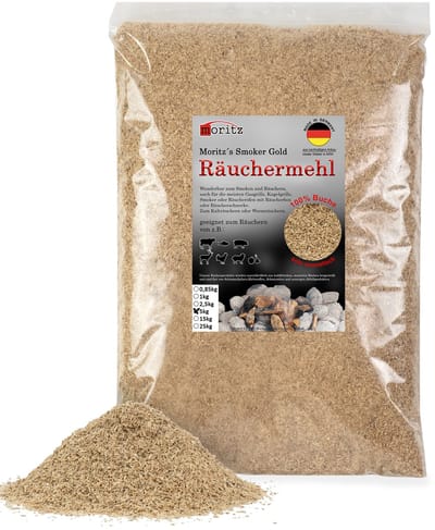 5 kg Moritz Smokers Gold - rookmeel beuk fijn 0,5 – 1 mm voor koud en warm roken van vis, vlees en meer