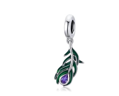 Fler® | Bedel | Past op populaire bedel armbanden | armbandbedel | Pauwenveer | Pauw | Veer | Hangbedel Charm | 925 Sterling Zilver | Emaille | Groen | Zirkonia | Paars | Kerstcadeau | Sinterklaas kado | Valentijnsdag Cadeau |