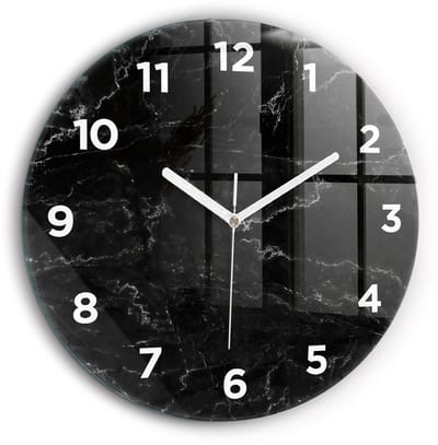 Wallfluent Wandklok - Zwart marmer Stijlvolle Klok - 60 cm x 60 cm - Zwart Wandklok - Witte Handen - Wandklok Met Cijfers - Wandklok Glas Woonkamer - Ronde Glas Klok - Industrieel Wandklok - Stijlvolle Klok