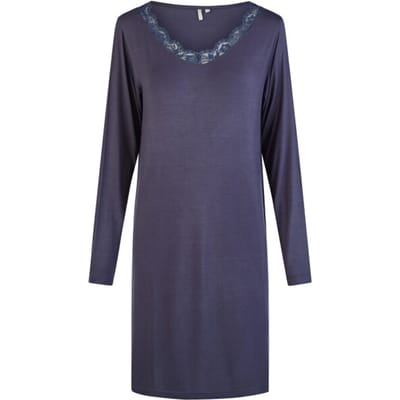 By Louise Dames Nachthemd V-Hals Met Kant Lange Mouw Bamboe Viscose Effen Donkerblauw - Maat S