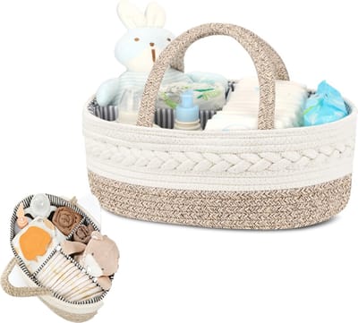 KZQ Baby Luier Opbergmand - Baby Cadeau Mandje van Katoenen Touw - Draagbare Luiertas - Opbergrek voor Pasgeborenen - Badcadeau voor Pasgeborenen - Babybenodigdheden - 38 x 25 x 17 cm