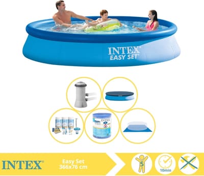 Intex Rond Opblaasbaar Easy Set Zwembad - 366 x 76 cm - Blauw - Inclusief Pomp - Afdekzeil - Onderhoudspakket - Filter - Grondzeil - 6-delig
