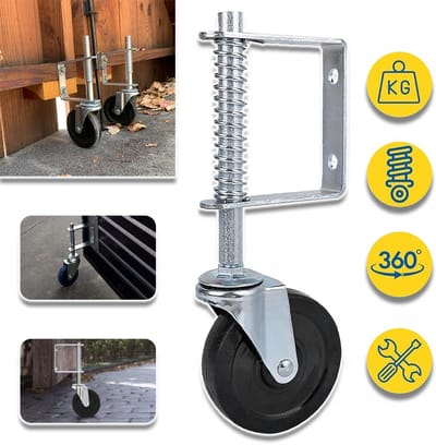 Schuifpoortwiel Met Veermechanisme En Zwenkrol - Zwaar Uitgevoerd Draagvermogen 60kg Schokdemping - 10cm Rubber En Metaal Universele Montage - Zwart