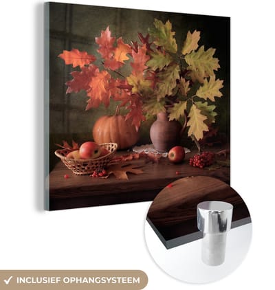 MuchoWow® Glasschilderij 50x50 cm - Schilderij acrylglas - Stilleven - Pompoen - Bladeren - Appel - Kersen - Herfst - Foto op glas - Muurdecoratie woonkamer - Wanddecoratie slaapkamer - Schilderijen