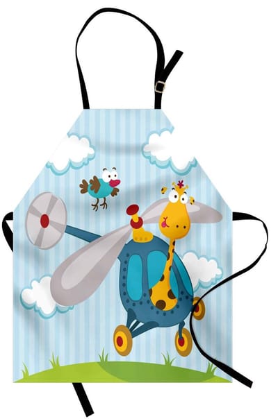 ABAKUHAUS Kleuter-keukenschort, grappige giraf en vogel op een helikopter, pluizige wolken- en grasavontuurreis, kleurvast, in hoogte verstelbaar, wasbaar, heldere digitale druk, Geel-Groen-Blauw