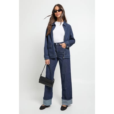 boohoo Dames Hoge Taille Gestreept Omgeslagen Jeans met Wijde Pijpen | Indigo | Maat: 42