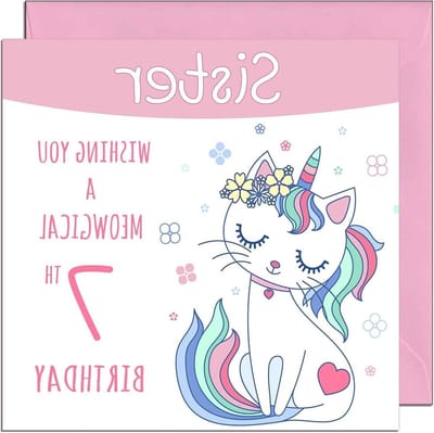 Verjaardagskaart Zus - Grappige Kat - Zeven Jaar Vieren - Premium Kwaliteit - 145 x 145mm - Meerkleurig