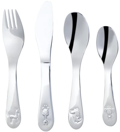 LIVARNO Home 4 Delig Kinderbestek Set - Met Wilde Dieren motief - Vaatwasserbestendig - Materiaal: RVS - Hoogglans gepolijst - Kindvriendelijke afmeting en vormgeving - Inclusief verzorgingsinstructies - Bestaande uit mes, vork, lepel, theelepel