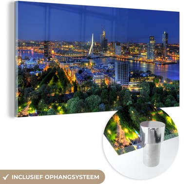 MuchoWow® Glasschilderij 40x20 cm - Schilderij acrylglas - Rotterdam - Nederland - Skyline - Foto op glas - Schilderijen