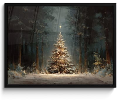 Poster in lijst - Fotolijst 80x60 cm - Posters - Kerstboom - Bos - Sneeuw - meerkleurig - Posterlijst zwart - Decoratie - Wanddecoratie woonkamer - Muurdecoratie slaapkamer - Kerstversiering - Kerstdecoratie voor binnen - Kerstmis