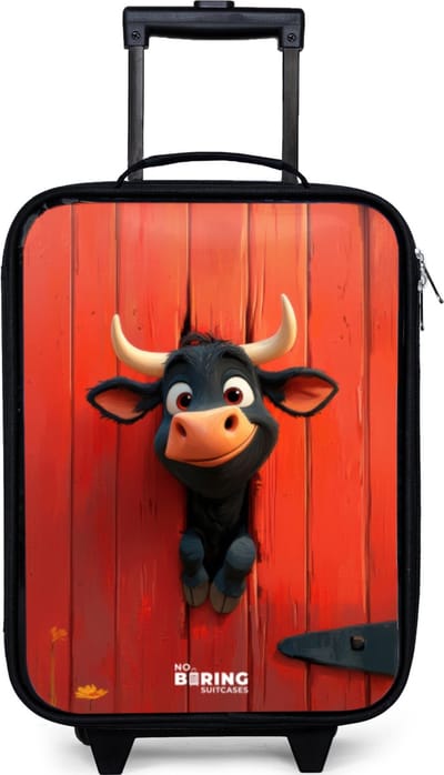 NoBoringSuitcases.com® - Kinderkoffer jongen - Kindertrolley meisje - Zwarte stier steekt kop door rode schuurdeur - Koffer kind lichtgewicht - Reiskoffer trolley voor kinderen - Koffertje met lichtgevende wieltjes - Rolkoffer zwart
