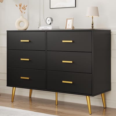 Moderne Zwart Commode met 6 Laden - Luxe Brede Ladekast met Gouden Handgrepen - Metalen Poten - Opbergkast voor Slaapkamer, Woonkamer & Hal - 120 cm Breed