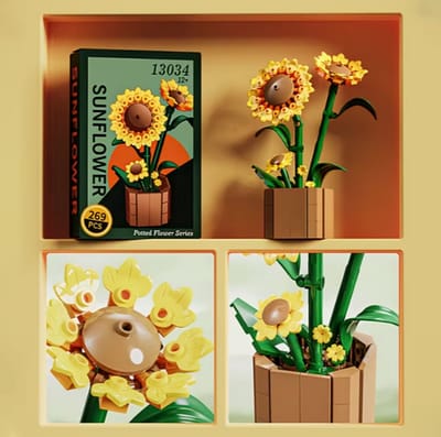 Bouwbloem 3D Decoratie – Creatieve Zonnebloem met vaas van Bouwstenen – Uniek Cadeau voor Kinderen & Volwassenen
