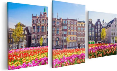 Artaza Canvas Schilderij Drieluik Amsterdamse Huisjes Met Tulpen - Kleur - 120x60 - Foto Op Canvas - Canvas Print