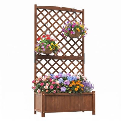 Plantenbak met klimrek - Bloembak - Weerbestendig - Met trellis - Buiten - Hout - Plantenrek - Bruin