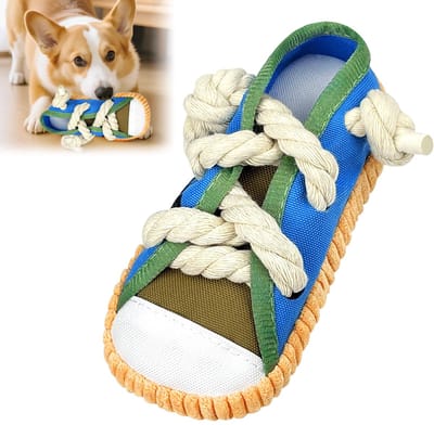 kauwschoen, blauw, interactief hondenspeelgoed met touw en piep voor kleine honden en puppy's, anti-stress kauwspeelgoed, honden (18 x 8 x 7 cm)
