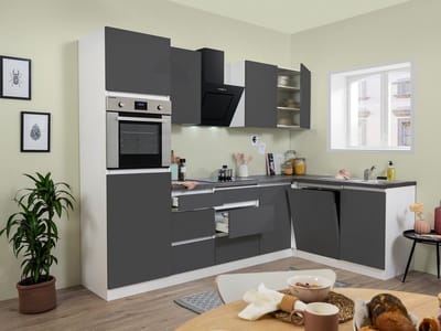 Hoekkeuken 280  cm - complete keuken met apparatuur Lorena  - Wit/Grijs - soft close - keramische kookplaat - vaatwasser - afzuigkap - oven    - spoelbak