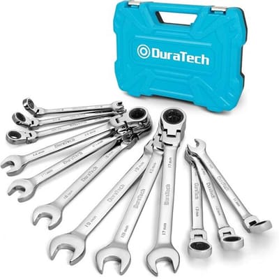 DURATECH 12-delige flexibele rachetmoersleutelset, 8-19 mm, Cr-V staal   180° flexibel ontwerp, 72-tandige rachet, chrom-vanadium staal, 12-punts