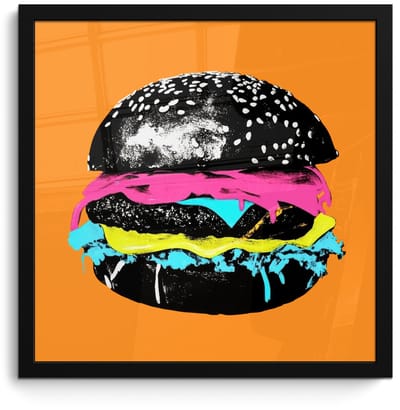 Poster in lijst - Fotolijst 40x40 cm - Posters - Hamburger - Oranje - Neon - popart - Posterlijst zwart - Decoratie - Wanddecoratie woonkamer - Muurdecoratie slaapkamer