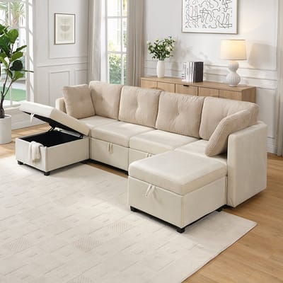 Hoekbank - 6-delige U-vorm met Opbergruimte - L-vorm of Daybed - Fluweel & Corduroy Beige