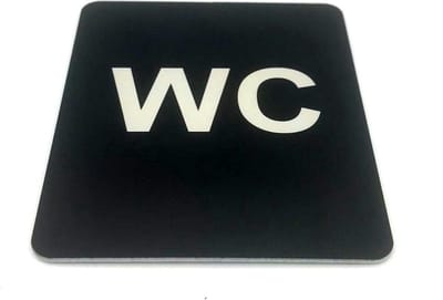 Deurbordje toilet met tekst WC - 12 x 10 cm (incl. dubbelzijdige tape) - zwart / wit | Geborstelde RVS-look toplaag | Gratis Verzending