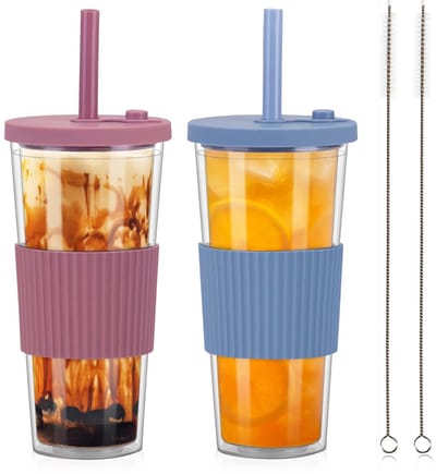 Dailygoods- Bubble Tea Kopjes 730ml - Set van 2 - Herbruikbare Drinkbekers - Dubbelwandige Isolatie - Deksel met Rietje - Antilek systeem - Tumbler