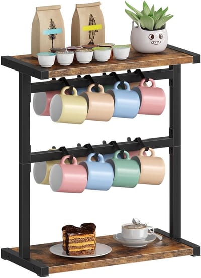 Cup Holder met 16 Haken, Chipboard Koffiekopjesstandaard voor Aanrecht, Vintage Bruin en Zwart, Ideaal voor Keuken en Koffiebar