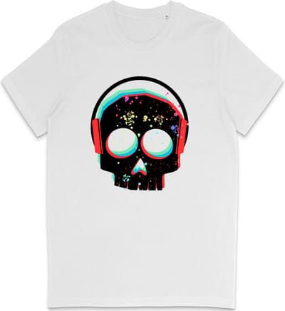 T Shirt Heren Dames - DJ Skull Grafische Print Opdruk - Wit - Maat XS