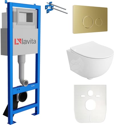 LAVITA LAV 101 BRAVA - Inbouwreservoir 40cm - Gouden drukplaat - Rimless wandcloset - Toiletset in Wit Hoogglans
